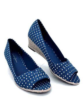 Amelia Grace Blue Polka Dot Open-Toe Wedge Shoes Braid Rope Detail Womens 9.5